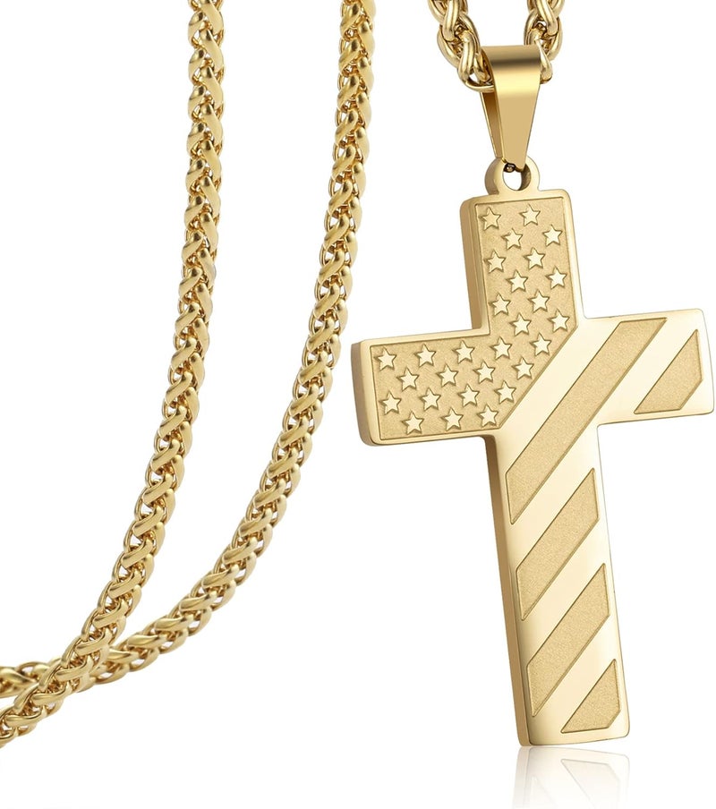 DuoDiner Valentines Day Gifts for Him -24 Inch Cross Necklace for Men Boys Kids Bible Verse American Flag Pendant Baptism Religious First Communion Jewelry Gifts - Image 1